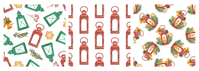 Christmas lantern seamless patterns with festive decorations