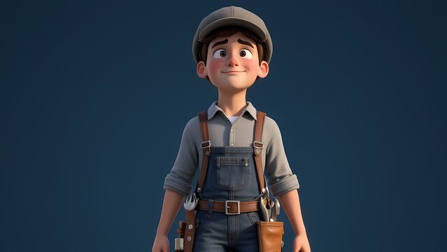 Cartoon handyman wearing a work uniform and toolbelt, standing confidently and symbolizing readiness for repair or maintenance tasks.