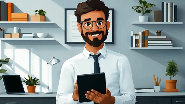 A Business man smiling and holding a tablet in front of a bookshelf