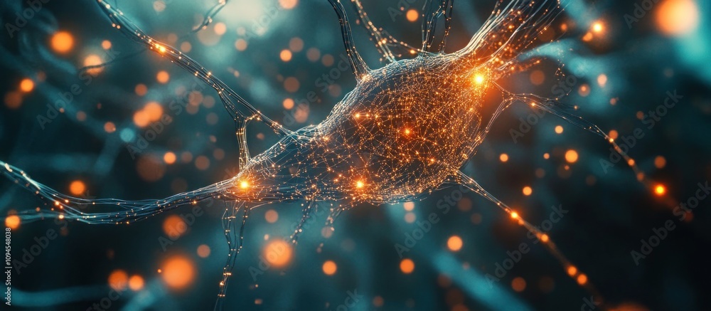 Poster microscopic view of a neuron with glowing synapses firing.