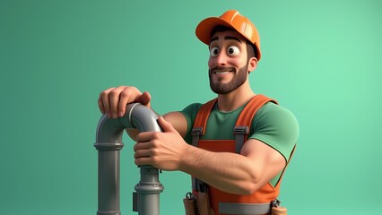 A cartoon plumber repairing pipes, showcasing expertise and professionalism in plumbing and maintenance services.