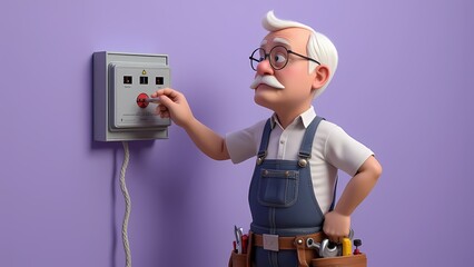 Cartoon handyman electrician working on an outlet, showcasing expertise in electrical repair and maintenance tasks.