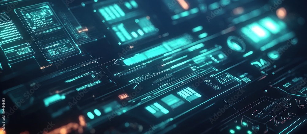 Poster abstract futuristic digital interface with glowing teal data streams and graphs.