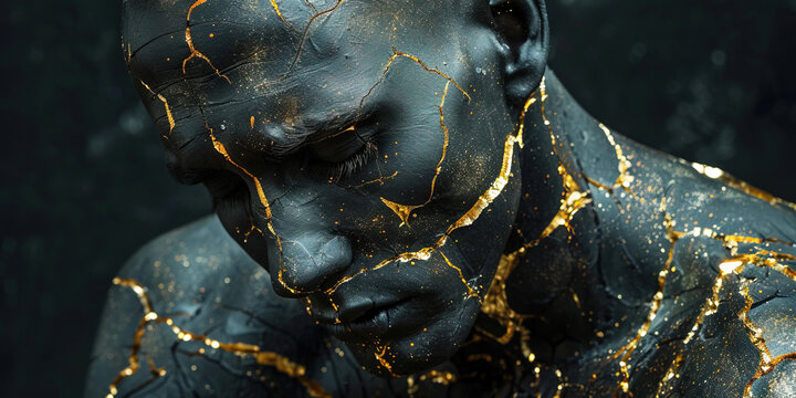 Kintsugi is traditional art of Japan, helps to restore person psychological trauma, golden crack scars close-up.