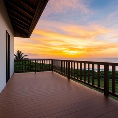 Obraz premium Retro Building concept. A serene balcony view overlooking an ocean sunset, featuring warm colors and a peaceful atmosphere perfect for relaxation and travel inspiration.