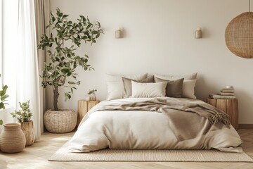 A serene bedroom with neutral tones, plants, and cozy textiles for relaxation.