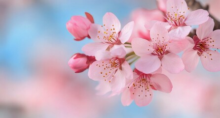 Obraz premium Cherry blossoms bloom in spring against a soft blue background showcasing natures beauty