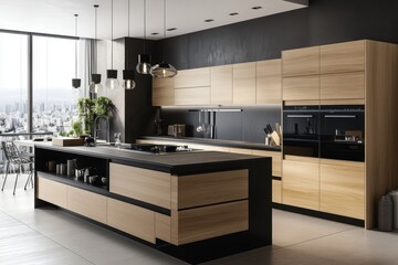 Modern kitchen design featuring sleek cabinetry and city views.
