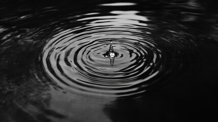 Droplet causing concentric ripples in a calm black and white water surface, highlighting the serene and minimalistic beauty of nature.