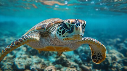 Fototapeta premium A small, colorful turtle with a detailed shell. It's orange, brown, and gray.
