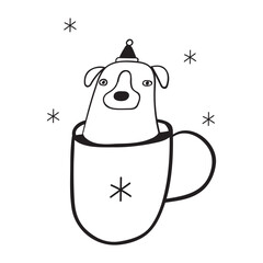 Dog wearing Santa's hat and sitting in a cup. Christmas vibes. Outline isolated icon. Illustration on white background.