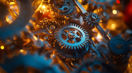 A close-up of intricate clockwork and magical gears powering Santas toy-making machine glowing softly in the workshop.