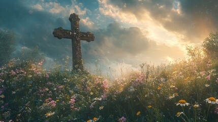 Fototapeta premium Ethereal Cross Nestled Among Vibrant Wildflowers with Soft Sunlight Casting a Serene Glow Over a Tranquil Landscape