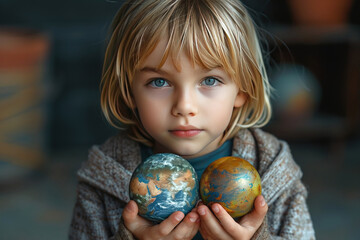 Fototapeta premium A child holds miniature planets of the solar system with greenery in their hands during daylight