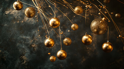 A cluster of golden ornaments hanging against a dark moody background.