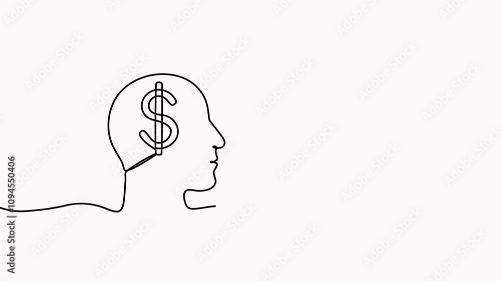 Poster continuous line drawing heads with dollar sign and light bulb inside animation. startup concept vide