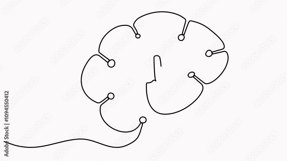 Poster continuous line drawing head artificial intelligence technology robot brain animated video.