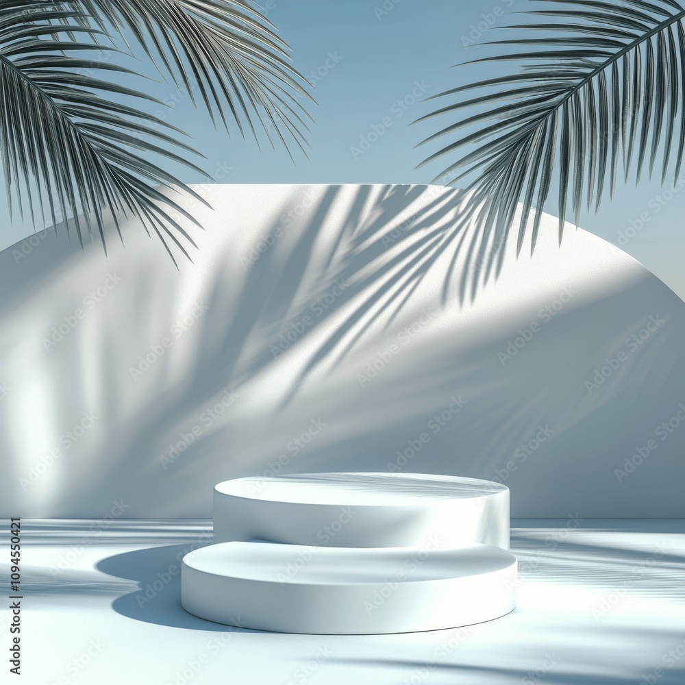 Aufkleber modern display platform surrounded by tropical leaves and soft shadows in a light blue setting