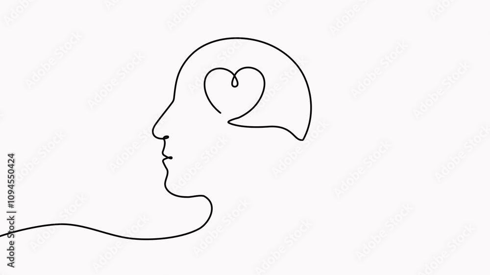 Poster head with two hearts inside continuous line drawn animation. falling in love symbol animated video.