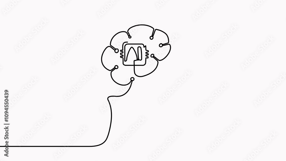 Poster linear robot head animation. continuous line drawing head with artificial intelligence technology br