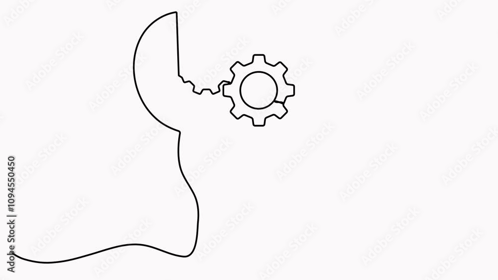 Poster head with gear wheel inside video. animated cogwheel continuous one line drawing. robot symbol. movi