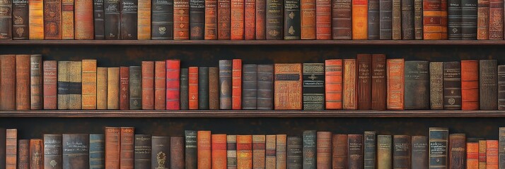 Collection of antique books arranged neatly on wooden shelves in a library setting