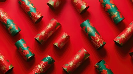 Colorful Christmas crackers decorated with festive patterns arranged against a bright red background, creating a cheerful holiday atmosphere.