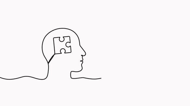 Two heads with puzzle inside continuous line drawn video. Animated mental order concept. Teamwork symbol animation.