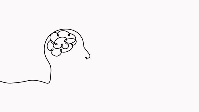 Human brain and heart inside heads continuous one line art drawing animation. Rationality with emotions connection concept video. Animated psychology balance symbol.