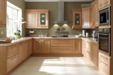 Fototapeta premium Modern kitchen with wooden cabinets, sleek appliances, and neutral tones for cooking and dining.