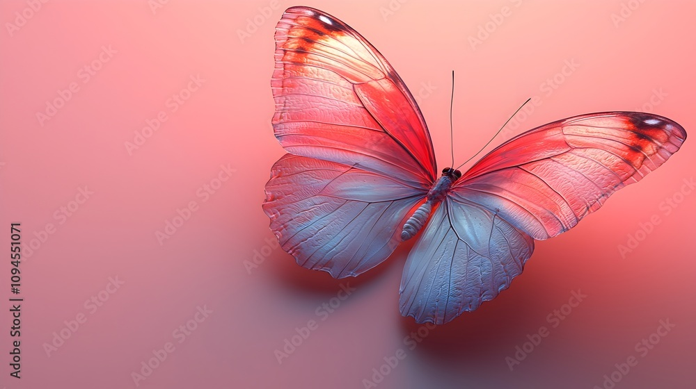 Poster elegant butterfly with translucent shimmering wings floating gracefully on a soft pastel colored bac