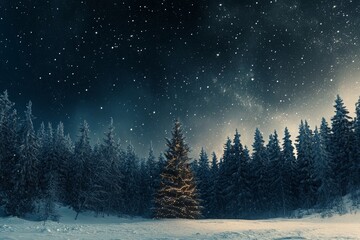 Fototapeta premium Winter and Christmas marketing background with Christmas trees, ornaments, presents, and a snowy atmosphere.