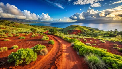 Naklejka premium Scenic Polihua Trail Red Volcanic Dirt Road at Garden of the Gods, Lanai, Hawaii Surrounded by Lush Greenery with Majestic Ocean Views and Clear Blue Skies for Stunning Landscapes