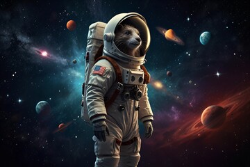 Fototapeta premium fantasy animal chimera in astronaut costume, mecha robot costume in galaxy, AI generated