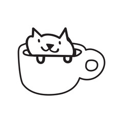 Funny smiling cat sitting in a coffee cup. Black color design. Vector outline isolated icon. Hand drawn illustration on white background.