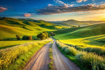 Naklejka premium Serene Dirt Road in the Countryside Under a Clear Blue Sky, Framed by Lush Green Fields and Rolling Hills, Perfect for Nature Lovers and Scenic Photography