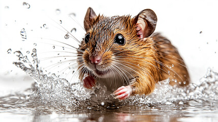 A small, brown rat is splashing in shallow water.