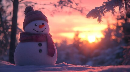Fototapeta premium An image of a snowman against a bokeh forest backdrop in a winter landscape.