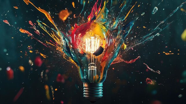 Vibrant paint splashes and glass shards erupt from a lit bulb against a dark background, symbolizing creativity and innovative thinking with dynamic dry paint effects.