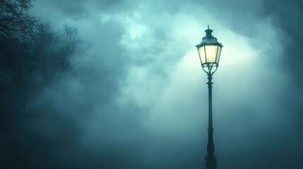 Elegant street lamp illuminated by warm light, surrounded by a dense, ethereal fog, creating a mysterious and atmospheric scene in photorealistic detail.