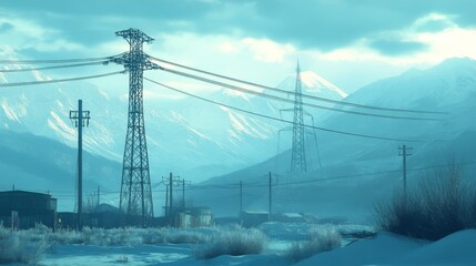 High-voltage towers in a winter landscape with snow-covered mountains