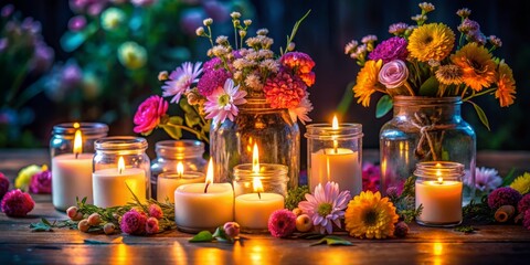 Fototapeta premium Serene Night Photography of a Group of Candles in a Glass Jar Surrounded by Colorful Flowers, Capturing the Warm Glow and Tranquil Ambiance of a Cozy Evening Setting