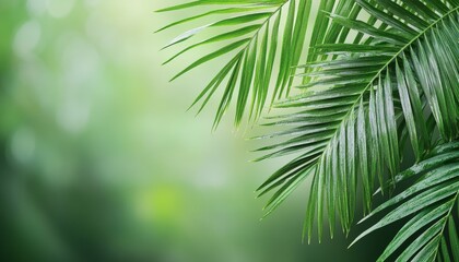 Obraz premium Lush green palm leaves swaying gently in a tropical forest setting during daylight hours