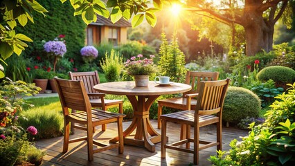 Fototapeta premium Serene Round Table on a Sunlit Terrace Surrounded by Lush Garden, Showcasing Cozy Wood Chairs for a Relaxed Lifestyle at Home