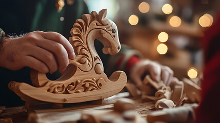 A detailed close-up of elf hands carefully crafting a wooden rocking horse in Santas workshop.