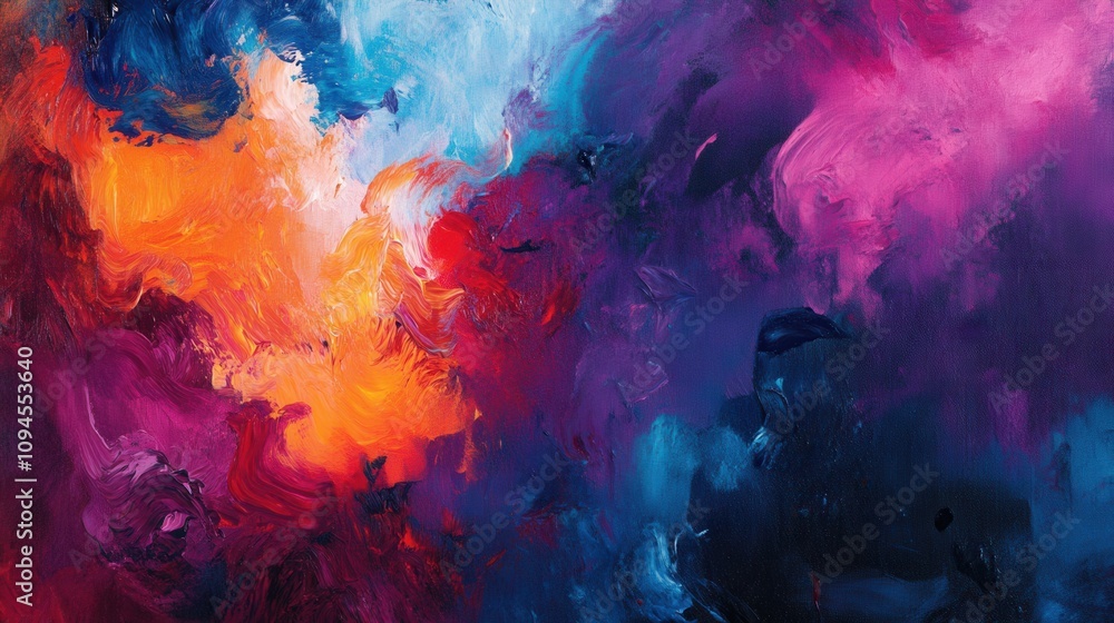 Poster A vibrant abstract painting blending colors in dynamic swirls and textures.