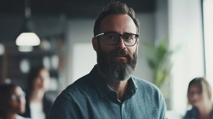 Obraz premium Bearded businessman wearing glasses confidently engages with a diverse group of employees during an office meeting, presenting ideas on a flipboard.