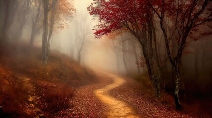 Obraz premium Mystical autumn forest shrouded in fog featuring a meandering path lined with vibrant red foliage and tall trees disappearing into the mist