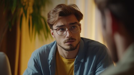 Obraz premium Close-up of a focused young man wearing glasses in a therapy session, highlighting themes of mental health and supportive communication.