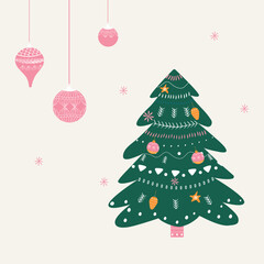 Christmas tree, glass balls, collection of Christmas elements. vector illustration.